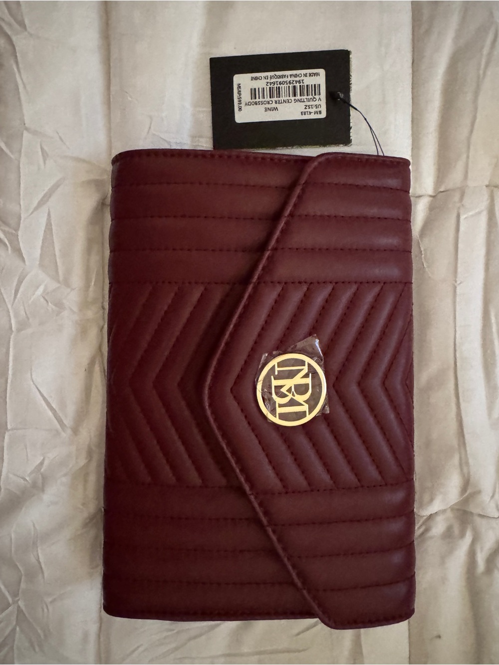 Burgundy Quilted Envelope Clutch with Gold Emblem - Bags